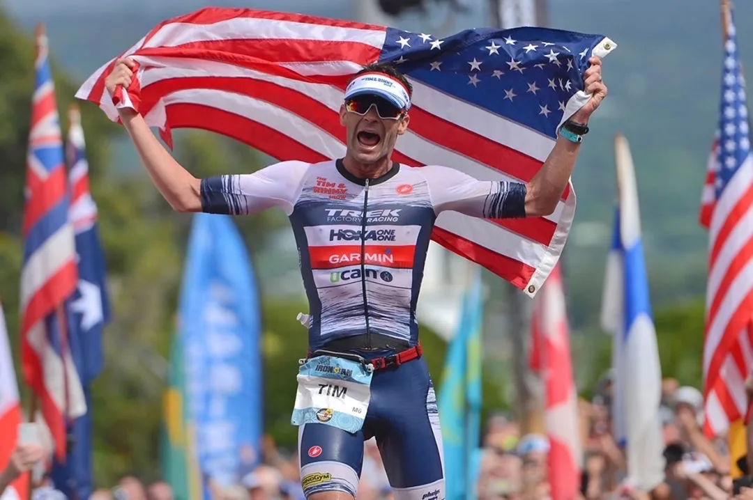 Tim O'Donnell with the American flag at a world championship finish