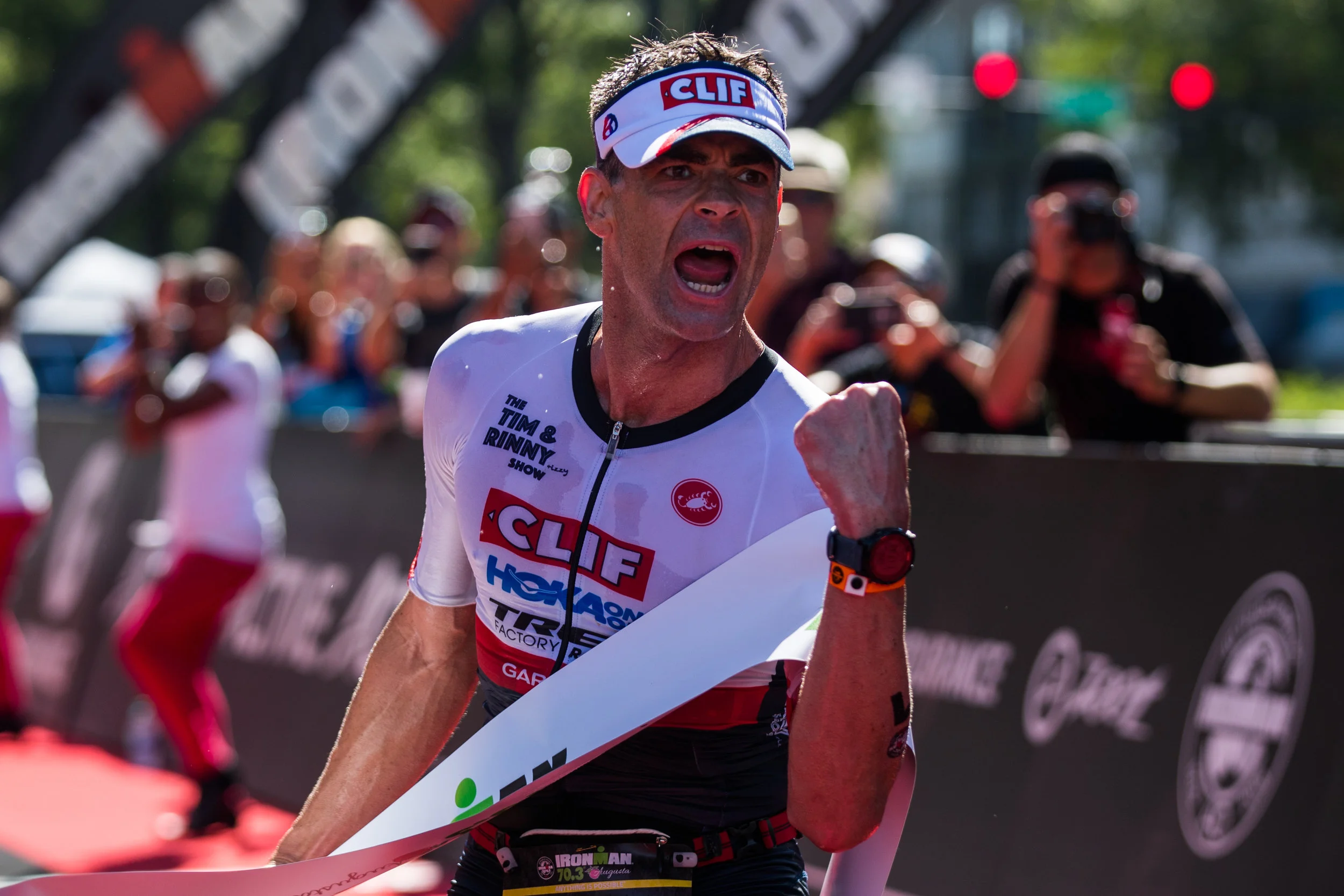 Tim O'Donnell crossing a race finish line
