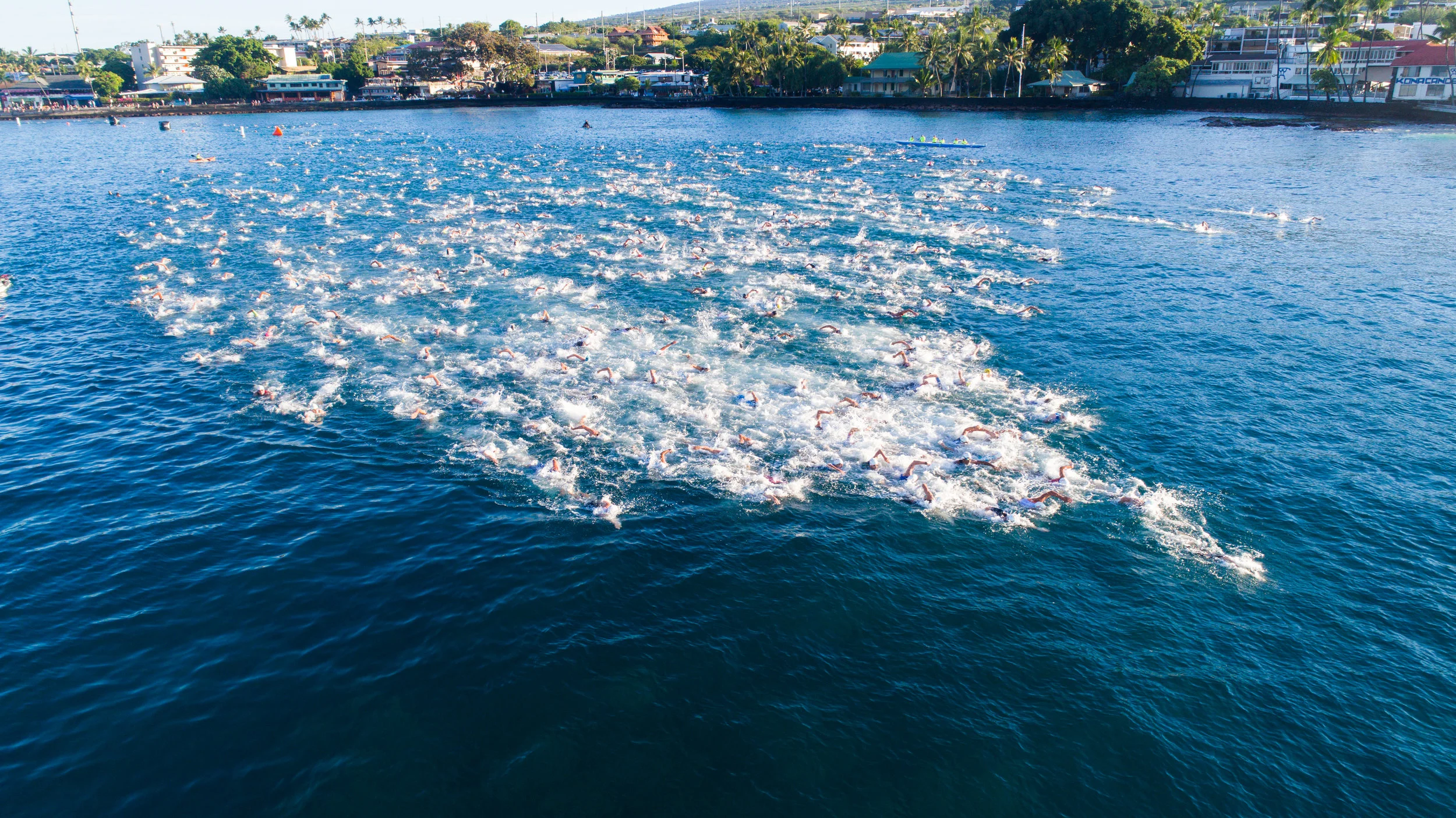 Aerial view of the Kona swim start, world championship